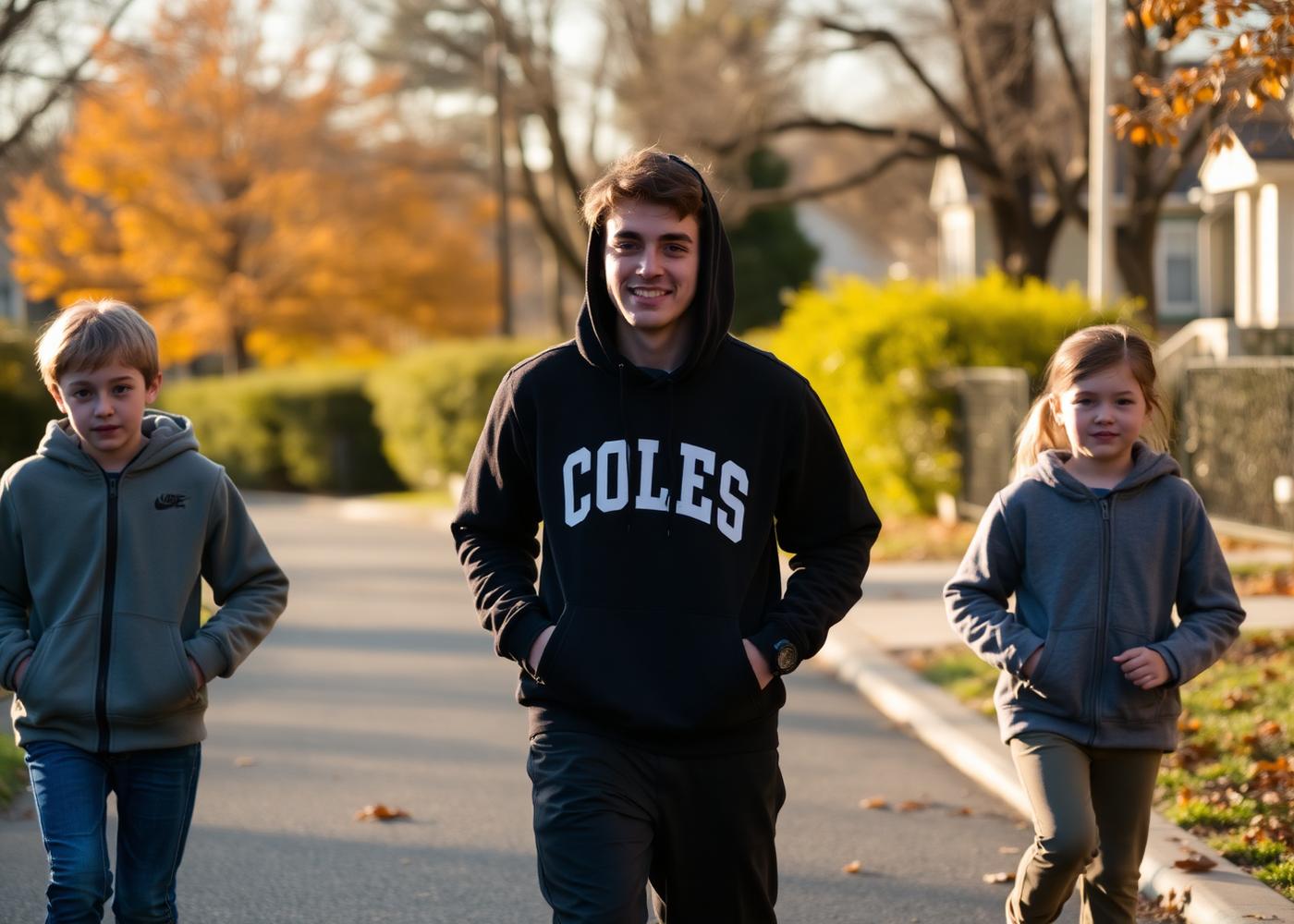 College athlete walking two children to a neighborhood park